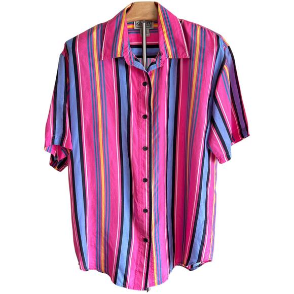 Vintage 90s Croquet Club Womens Silk Top Striped Size Small Maximalist Happy - Picture 1 of 5
